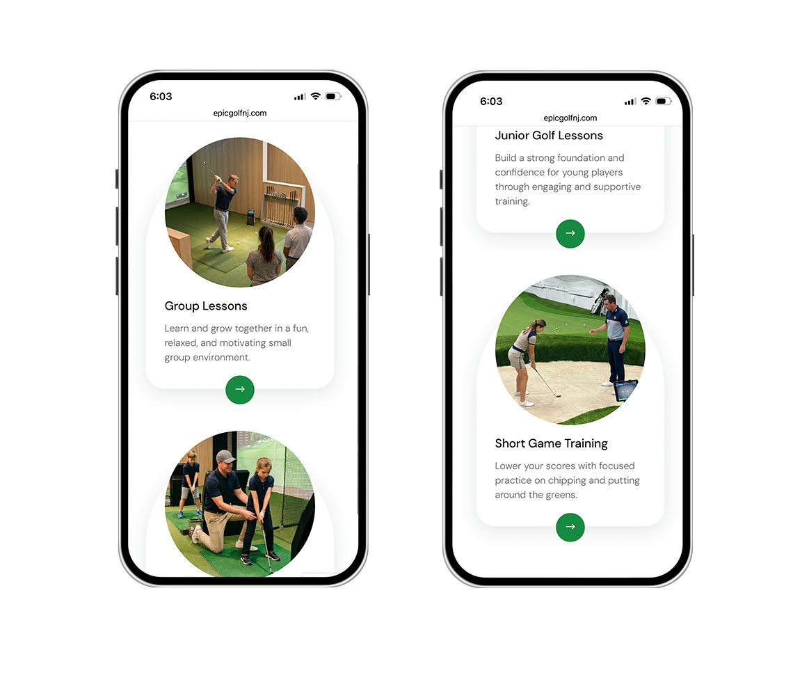 Two iPhone screens show a golf‑lessons app with circular photo cards and rounded white panels for Group Lessons, Junior Golf Lessons, and Short Game Training.