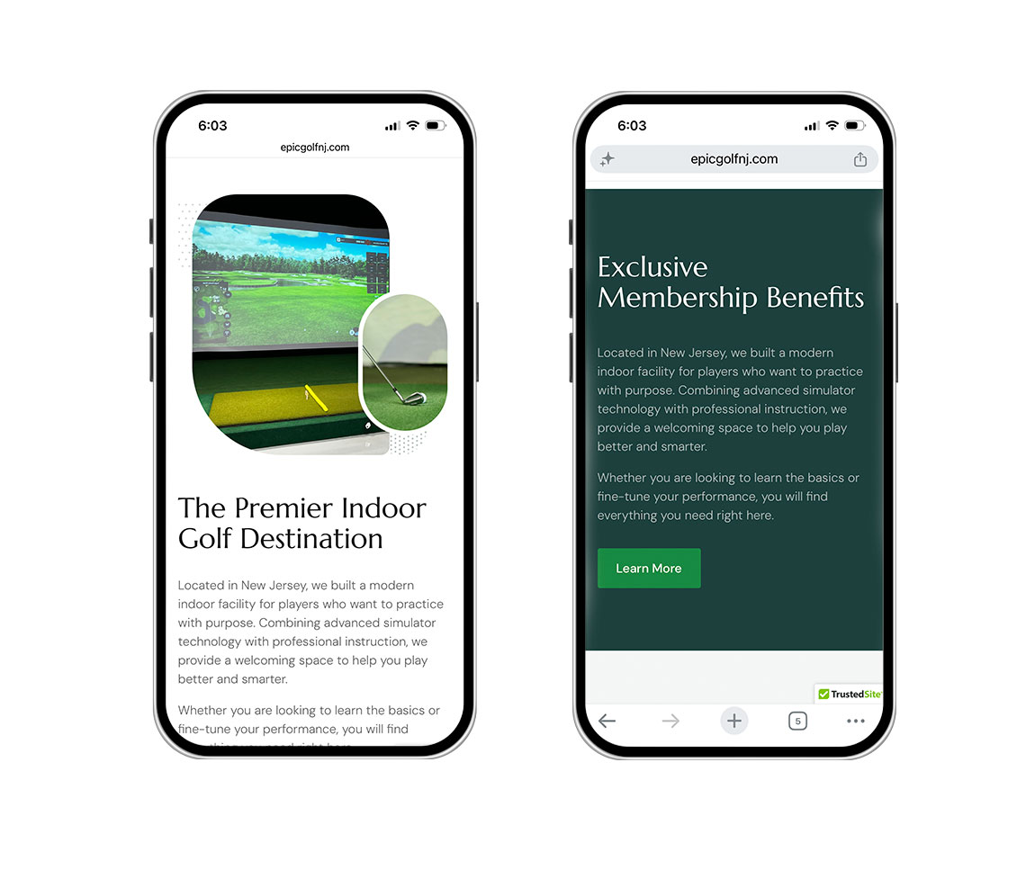 Two iPhone screens display a golf club's mobile site: left shows 'The Premier Indoor Golf Destination' with indoor practice image; right shows 'Exclusive Membership Benefits' page in green.