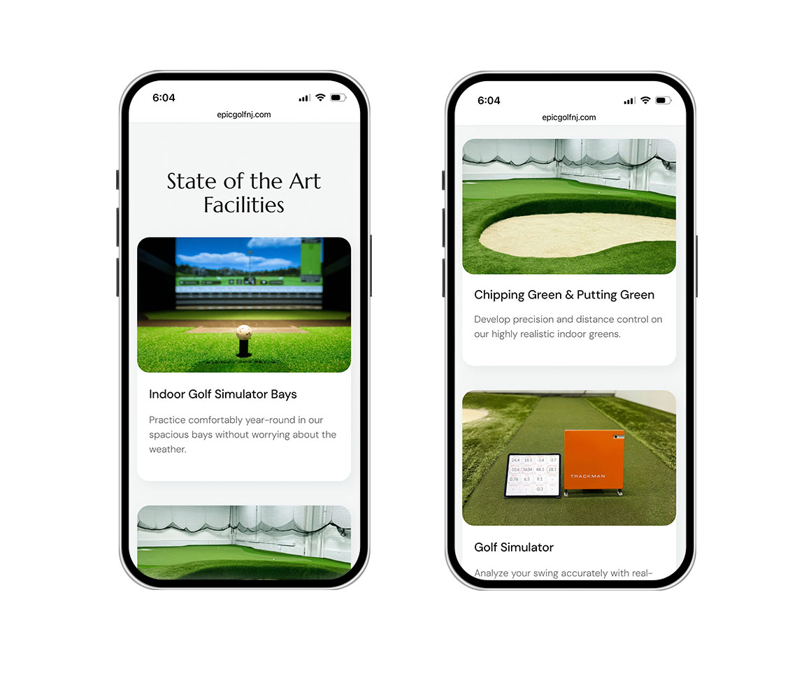 Two phones side by side showing a golf facilities app with cards: left card titled 'State of the Art Facilities' and 'Indoor Golf Simulator Bays' text; right card shows 'Chipping Green & Putting Green' and 'Golf Simulator' sections.