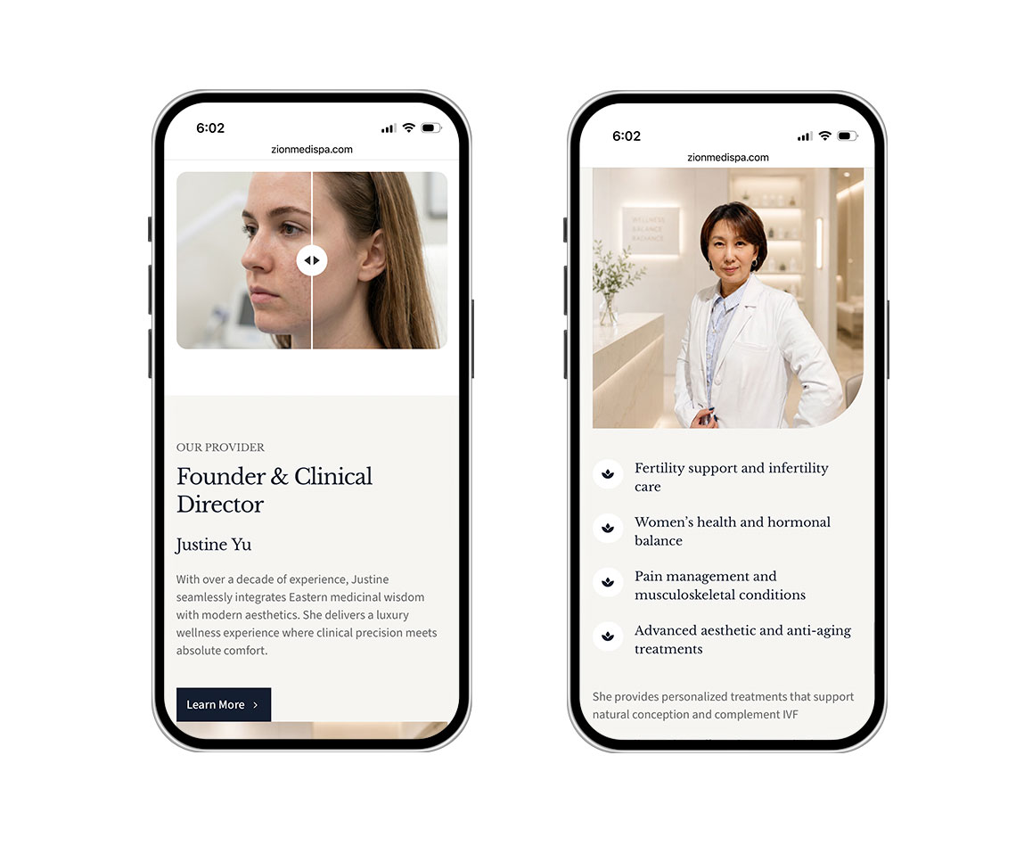 zionmedspa Two iPhone screens side by side showing a medical site: left profile for Justine Yu, Founder & Clinical Director; right listing fertility, women's health, and related treatments.
