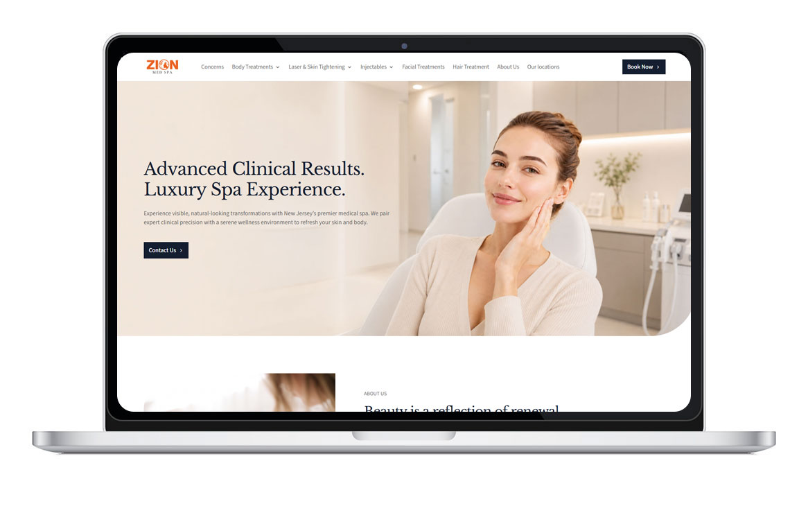 zionmedspa Laptop screen displaying a luxury spa website hero with a smiling woman seated in a spa chair and a left-aligned headline: 'Advanced Clinical Results. Luxury Spa Experience.'