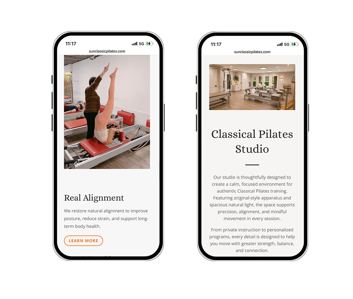 Two mobile screens showing a Pilates studio site; left shows a client on a reformer with an instructor, right shows a studio interior with a headline.